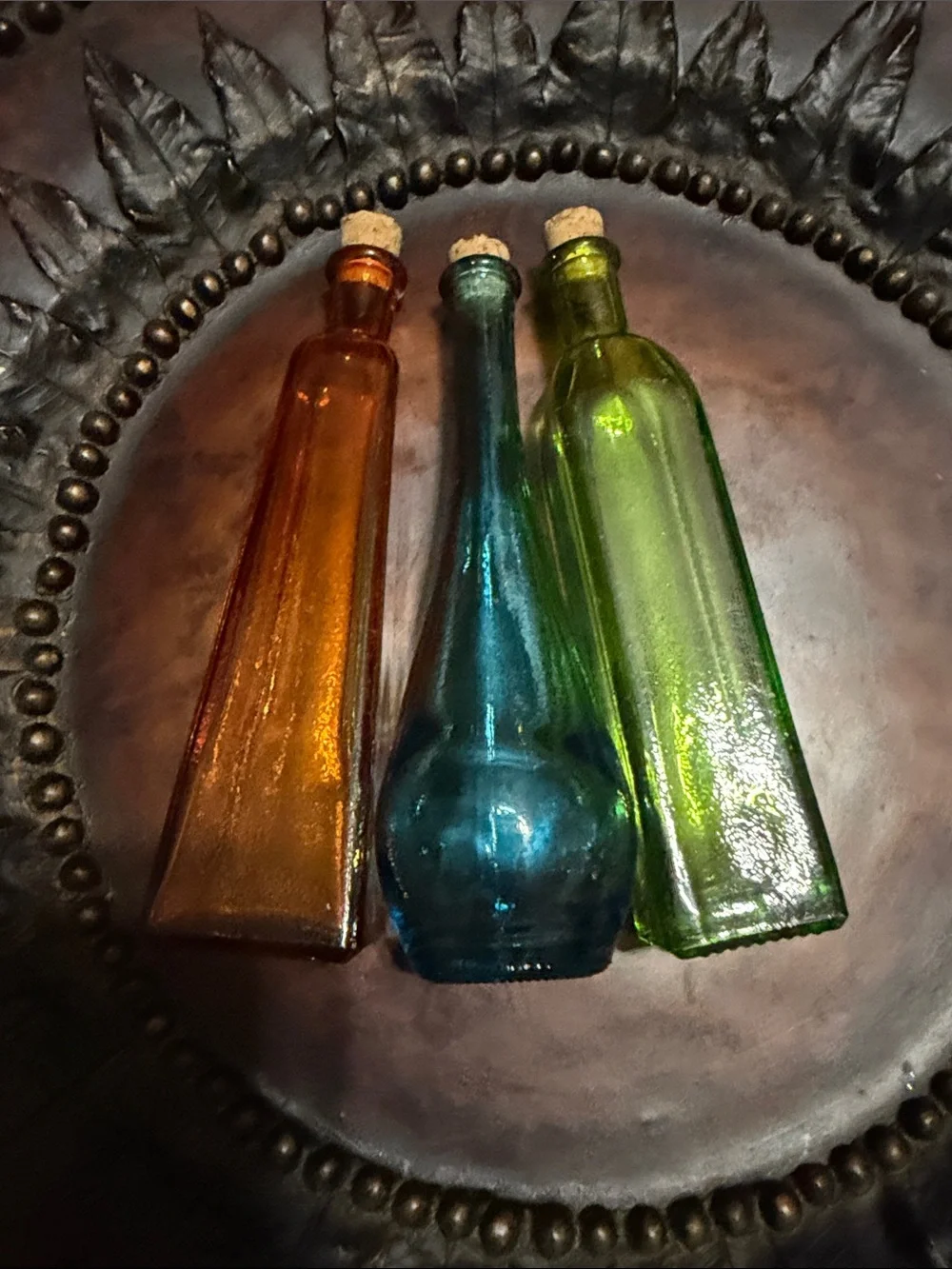 Pier 1 Blue, Amber & Green Glass Bottle Trio with Corks - Each 6 in tall